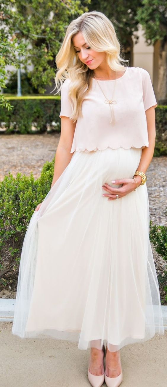 blush scallop top and a maxi white skirt for a baby shower