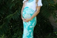 29 patterned turquoise maxi skirt and a white top for a mom-to-be