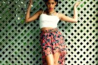 Amazing outfit with floral high low skirt and white crop top