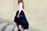 Black and white look with high low skirt
