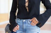 Black lace up blouse with jeans