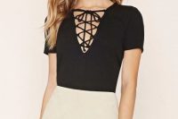 Black lace up shirt with white skirt