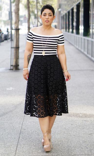 Black skirt with striped shirt