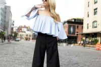 Blue ruffle top with trousers