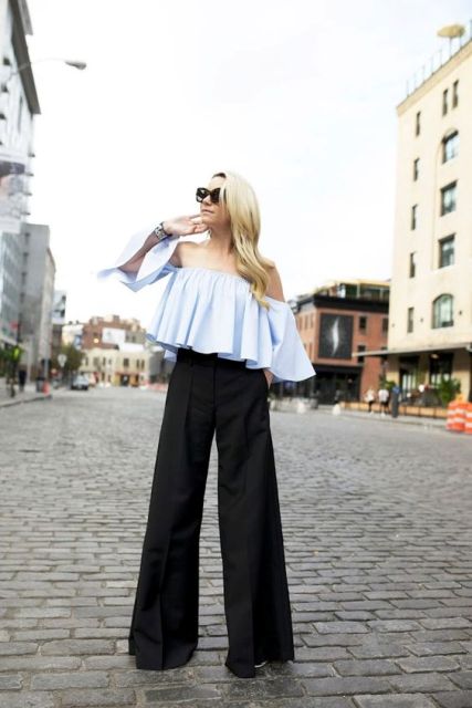 Blue ruffle top with trousers