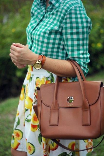 Bold look with fruit print skirt and plaid shirt