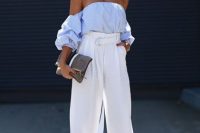 Charming look with white high waist pants and off the shoulder blouse