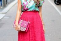 Colorful outfit with pink lace skirt and floral blouse