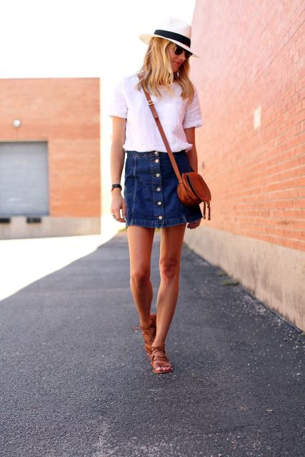 Comfy look with denim button front skirt and white shirt