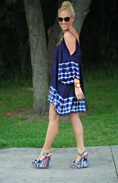 Cool off the shoulder tie dye dress and eye-catching heels