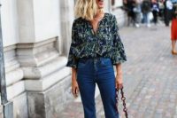 Cropped flared jeans with loose blouse and creative heels