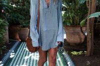 Denim lace up shirt with flat sandals and small bag