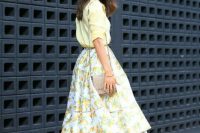 Feminine look with fruit print skirt and blouse