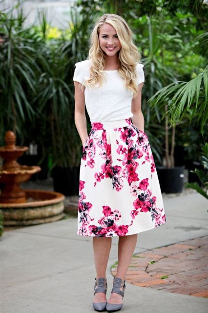 Floral watercolor skirt with white blouse