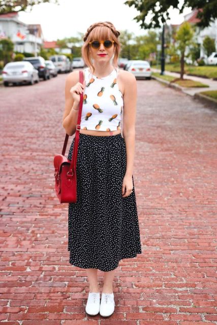 Funny look with polka dot skirt and fruit print top