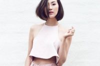 Gentle pink high waist trousers and white top