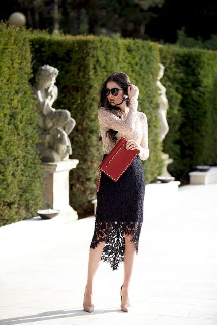 Gorgeous look with black midi lace skirt
