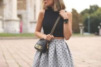 Gorgeous look with grey polka dot skirt and black crop top