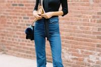 High waist cropped flared jeans with black shirt