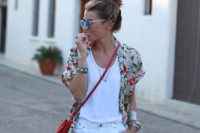 Layered look with white shorts, white tank top and floral shirt