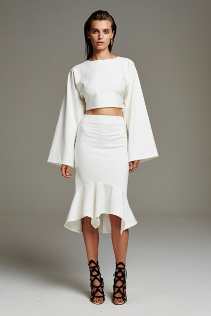 Look with bell sleeve shirt and trumpet skirt