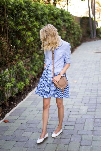 Look with checked mini skirt and blue shirt