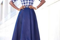 Look with high low skirt and plaid shirt