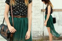 Look with high low skirt, printed shirt and lace up flats