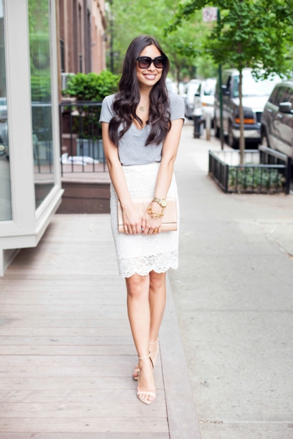 Look with lace pencil skirt and grey shirt
