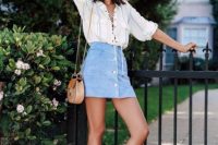 Look with lace up shirt and button front skirt