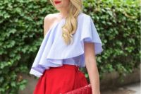 Look with one shoulder ruffle blouse