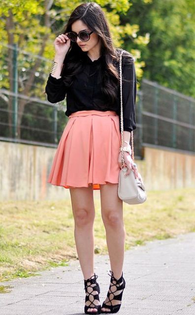 Look with peach skater skirt and black blouse