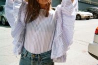 Look with striped big ruffle sleeve shirt and jeans