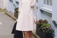 Look with white drop waist dress and black flats
