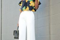 Look with white high waist pants and floral off the shoulder top