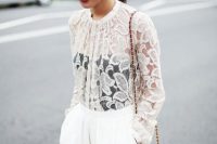 Look with white lace sheer shirt and black tank top