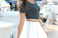 Look with white skater skirt and striped shirt