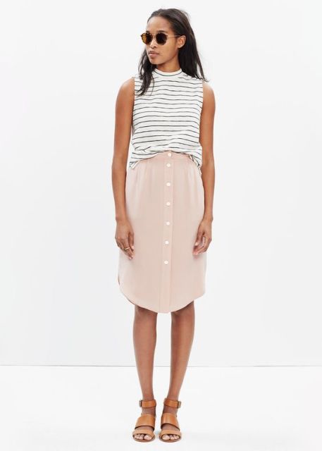 Midi button front skirt and striped shirt