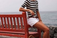 Nautical look with white shorts and striped shirt