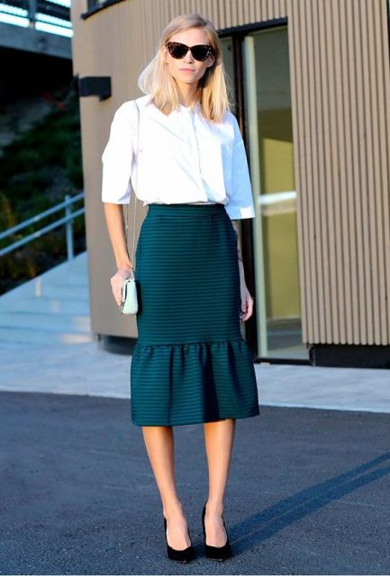 Office look with trumpet skirt and white shirt
