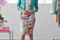 Office look with watercolor skirt