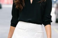 Outfit with black blouse and white skirt
