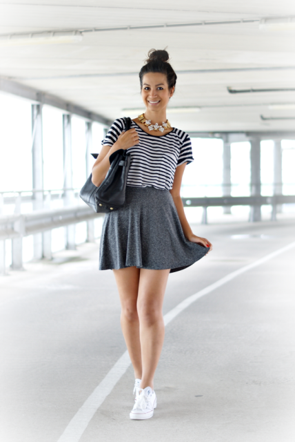Outfit with skater skirt and loose shirt