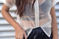 Outfit with white sheer shirt, black bra and shorts