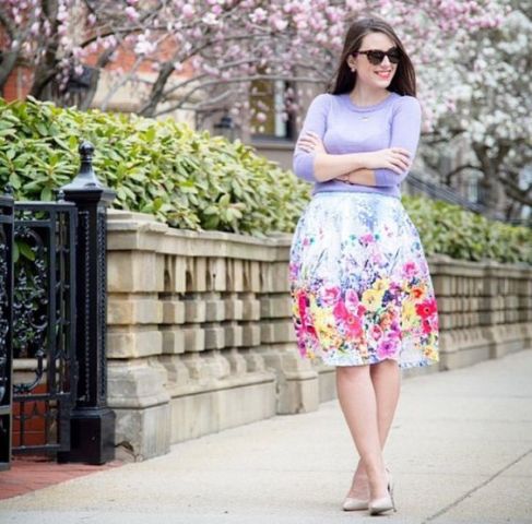 Pastel shirt with watercolor skirt and heels
