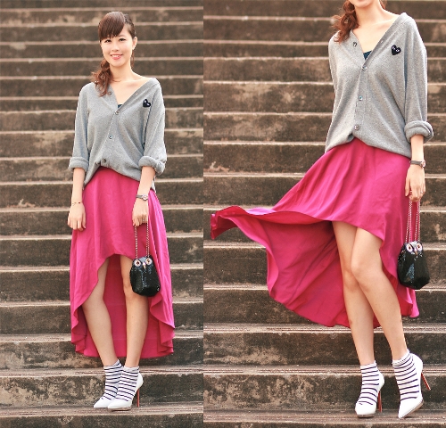 Pink high low skirt with grey shirt
