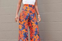Printed high waist pants with white top