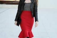 Red trumpet skirt with leather jacket
