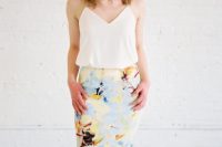 Simple look with watercolor pencil skirt and white shirt