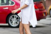 Summer look with white mini shirtdress and high heels